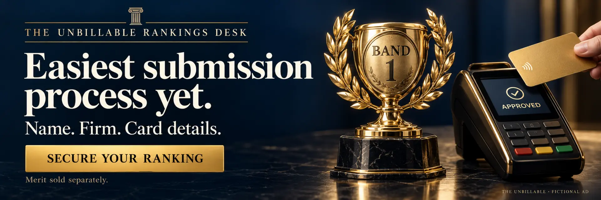 Mock advertisement for The Unbillable Rankings Desk: Band 1, payment approved