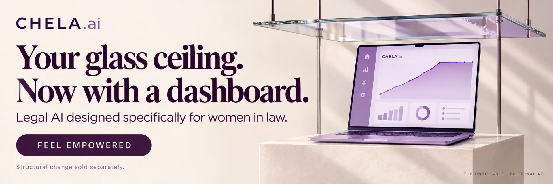 Mock advertisement for CHELA.ai: a lavender laptop beneath a glass ceiling