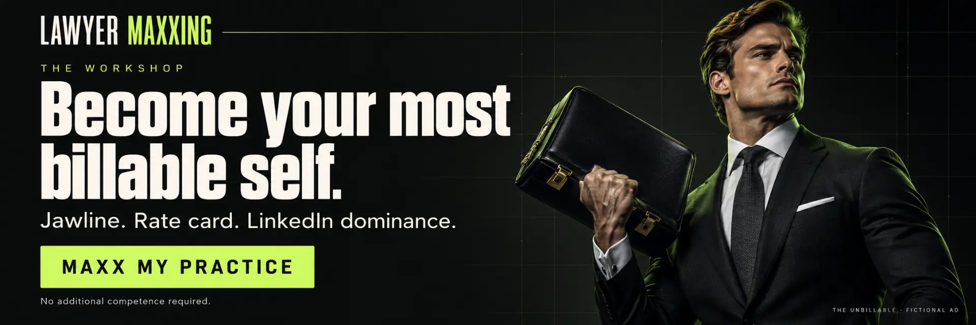 Mock advertisement for Lawyer Maxxing: become your most billable self