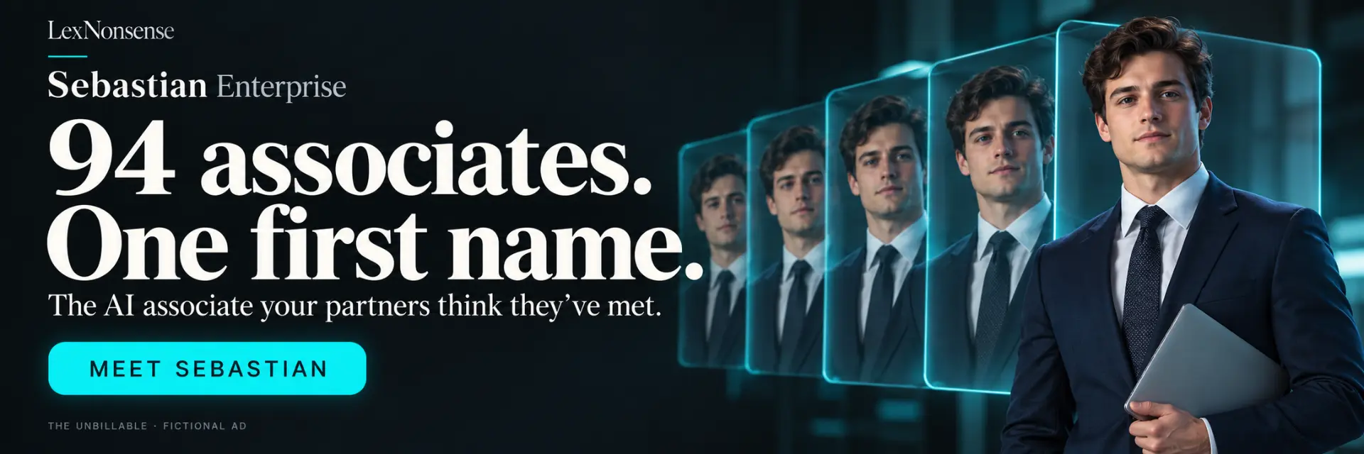 Mock advertisement for LexNonsense Sebastian Enterprise: 94 associates, one first name
