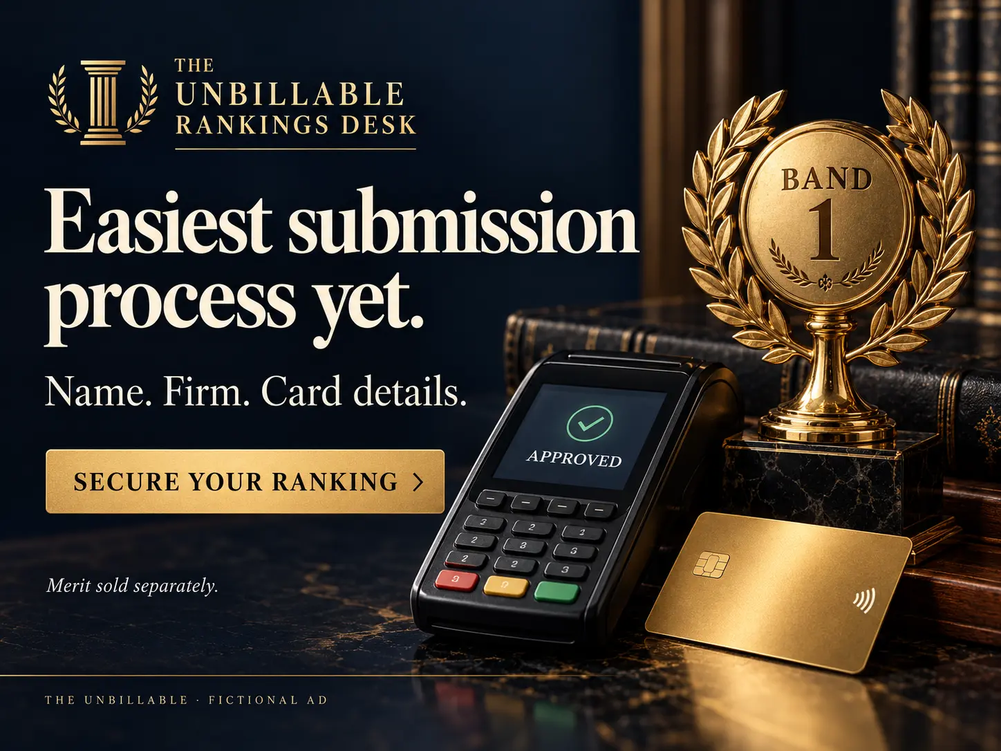 Mock advertisement for The Unbillable Rankings Desk: easiest submission process yet