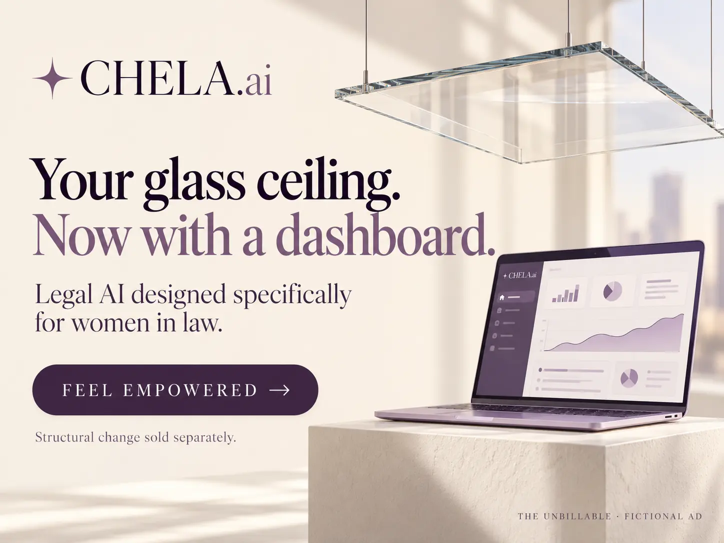 Mock advertisement for CHELA.ai: your glass ceiling, now with a dashboard