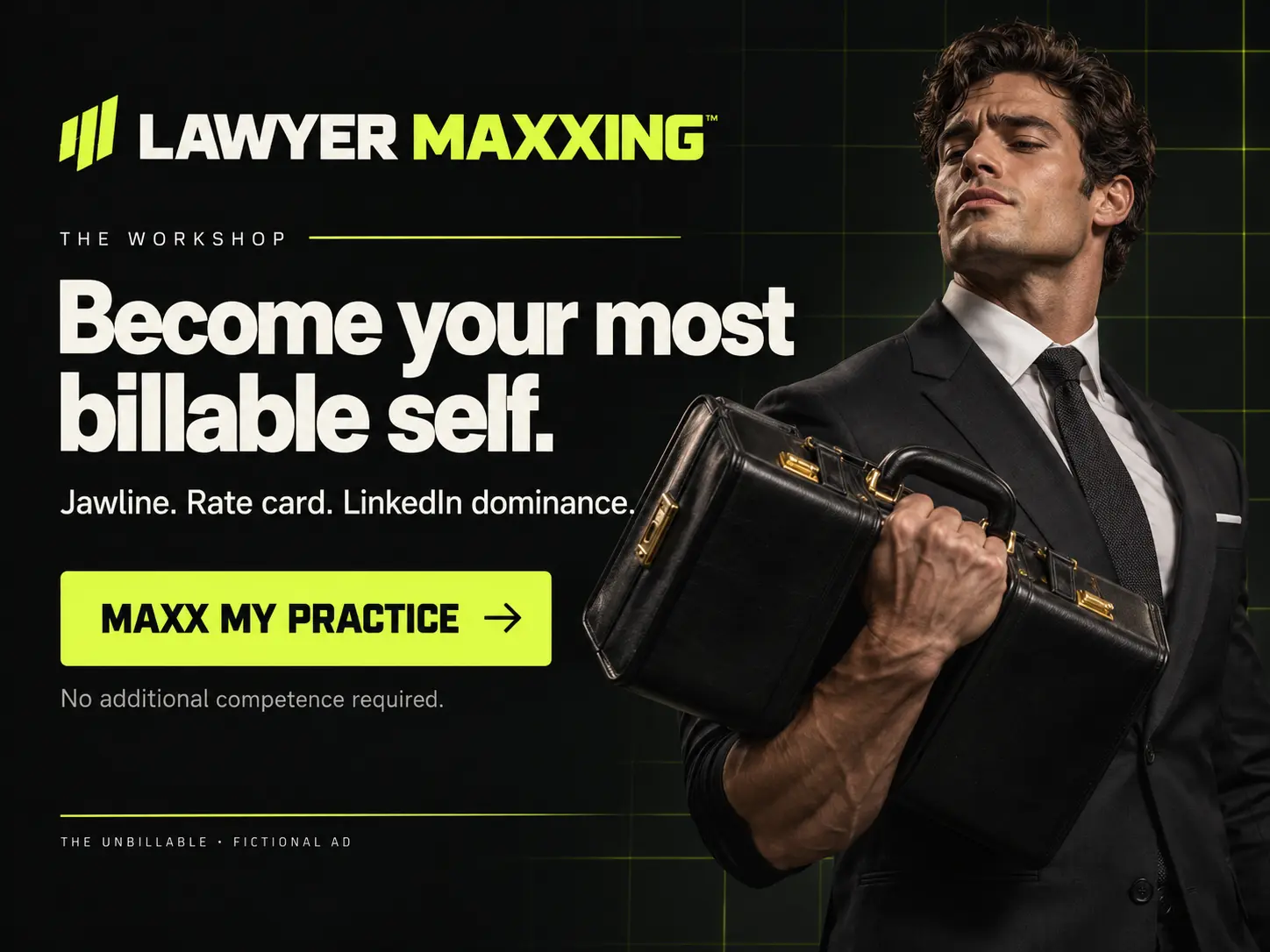 Mock advertisement for Lawyer Maxxing: become your most billable self