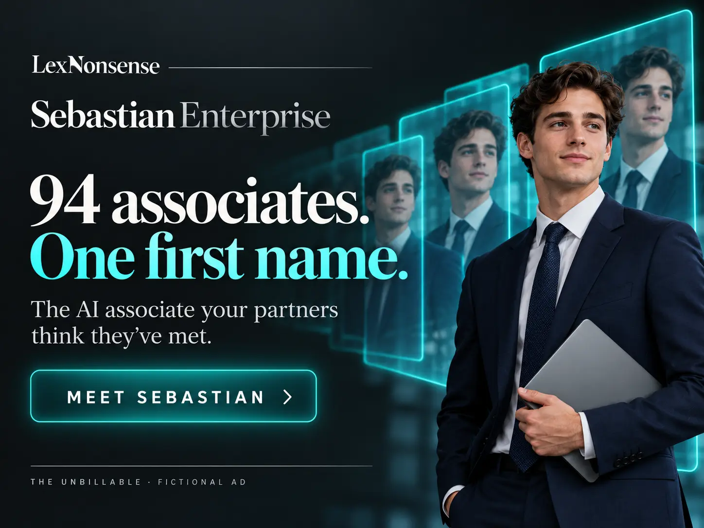Mock advertisement for LexNonsense Sebastian Enterprise: 94 associates, one first name