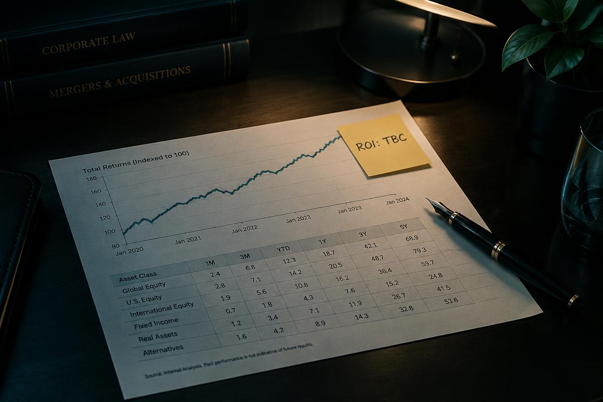 A printed returns chart on a dark desk with a sticky note reading 'ROI: TBC'