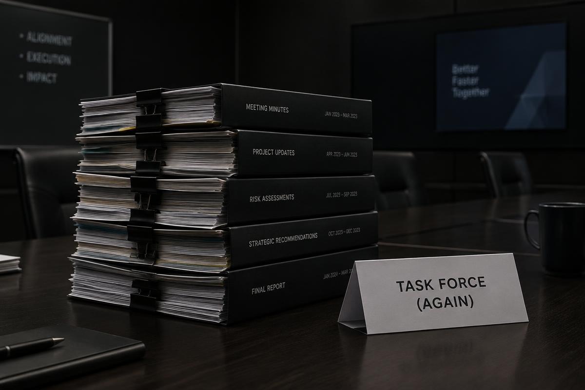A stack of bound meeting minutes beside a table card reading 'Task Force (Again)'