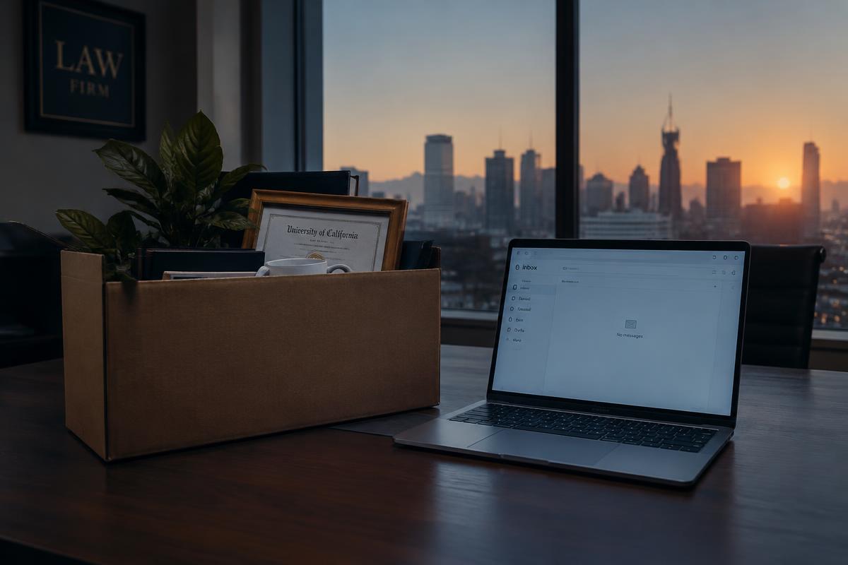 A packed moving box beside a laptop showing an empty inbox at dawn