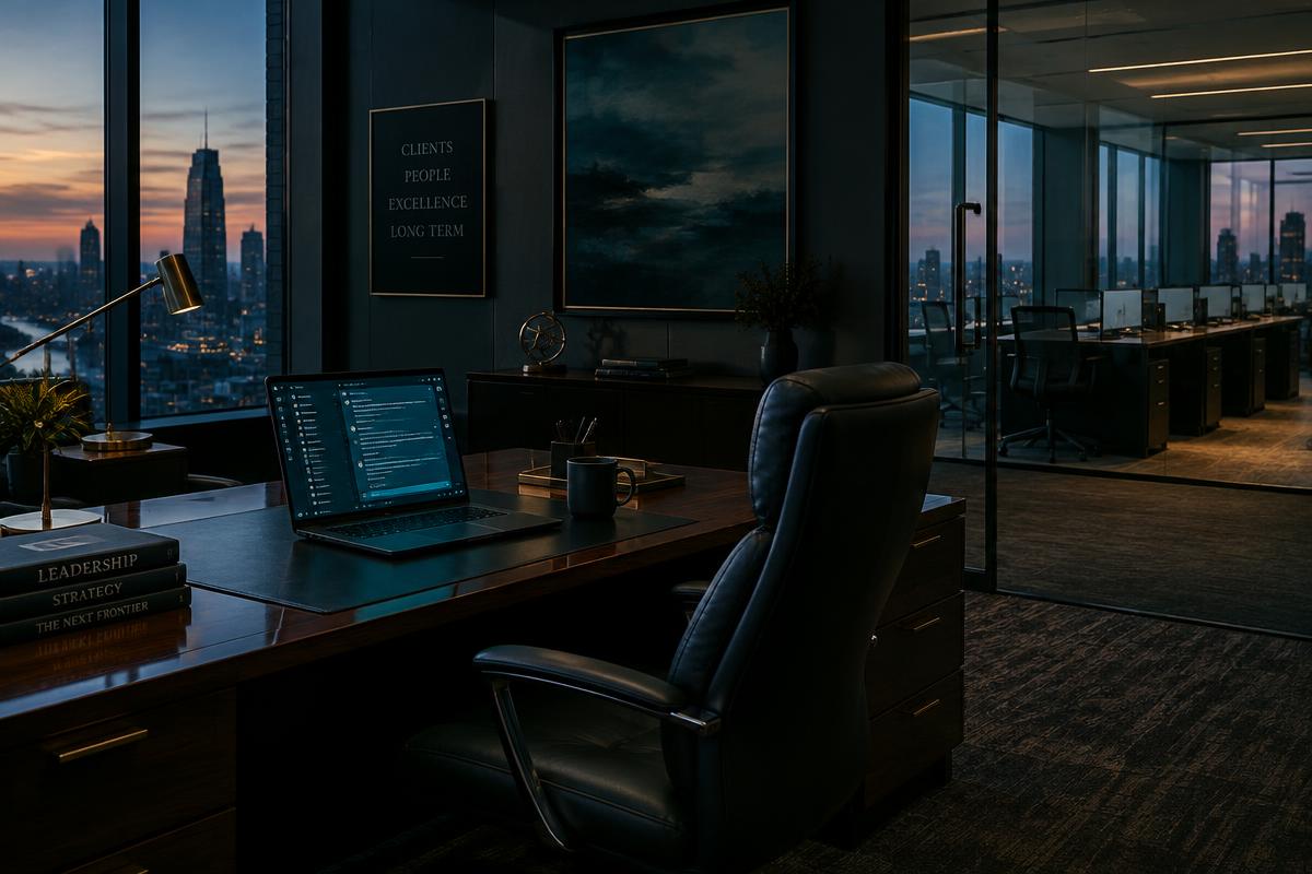 A managing partner's empty corner office with a laptop chat window and vacant associate desks beyond