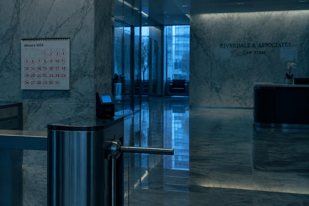 An office security turnstile beside a calendar with every day circled