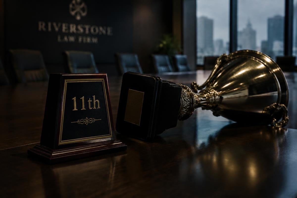 A plaque reading '11th' next to a toppled trophy on a boardroom table