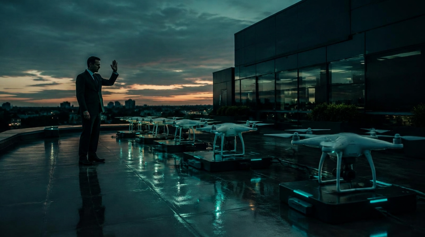 A lawyer in a dark suit waves at a row of white drones on charging pads on a law-office roof at dusk