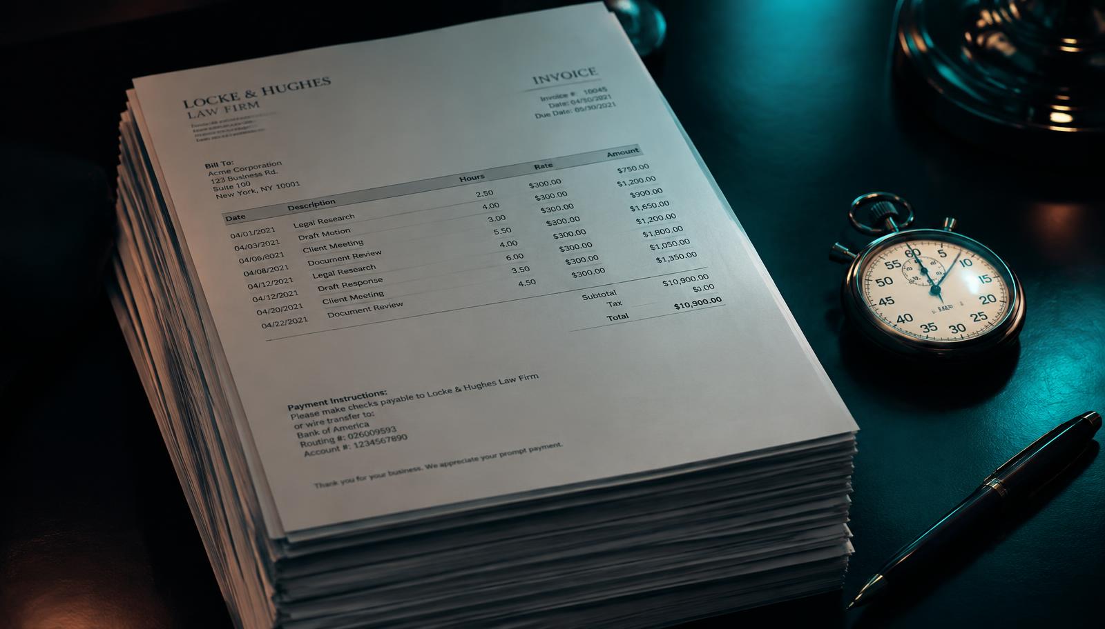 A thick stack of printed legal invoices beside a stopwatch and a pen on a dark desk
