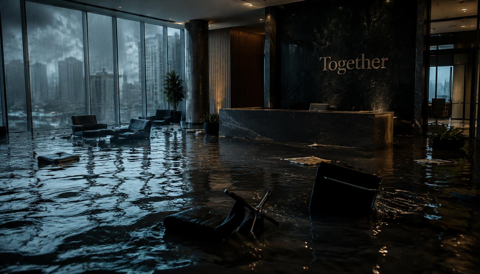 A flooded law-firm lobby with floating chairs beneath a wall sign reading 'Together'