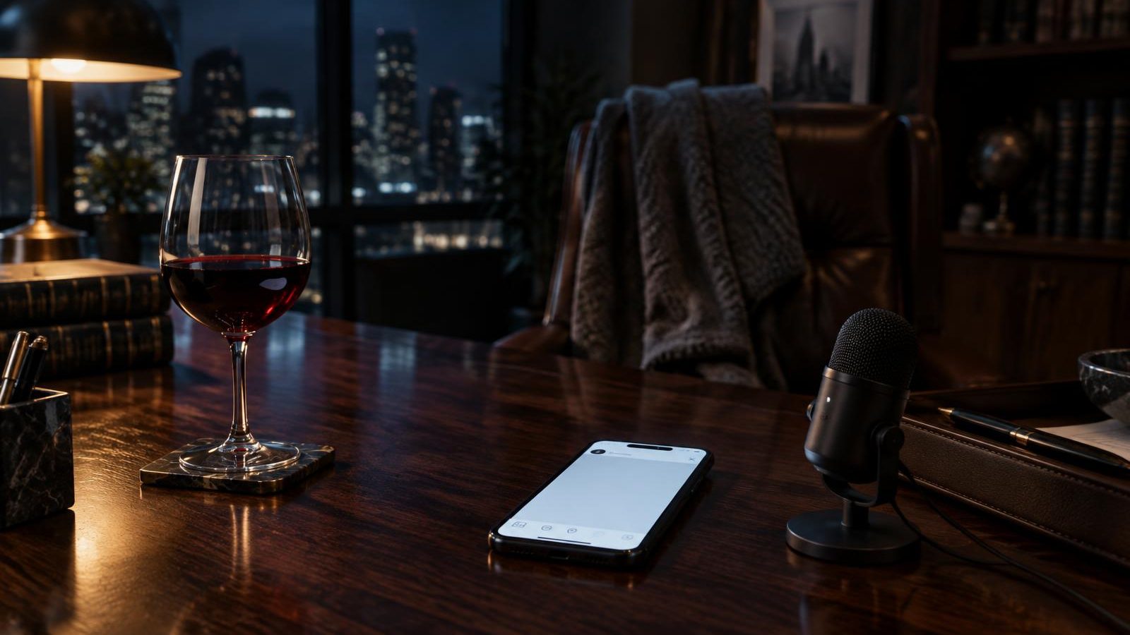 A phone with a blank post draft lies on a dark desk beside a glass of red wine and a dictation microphone.