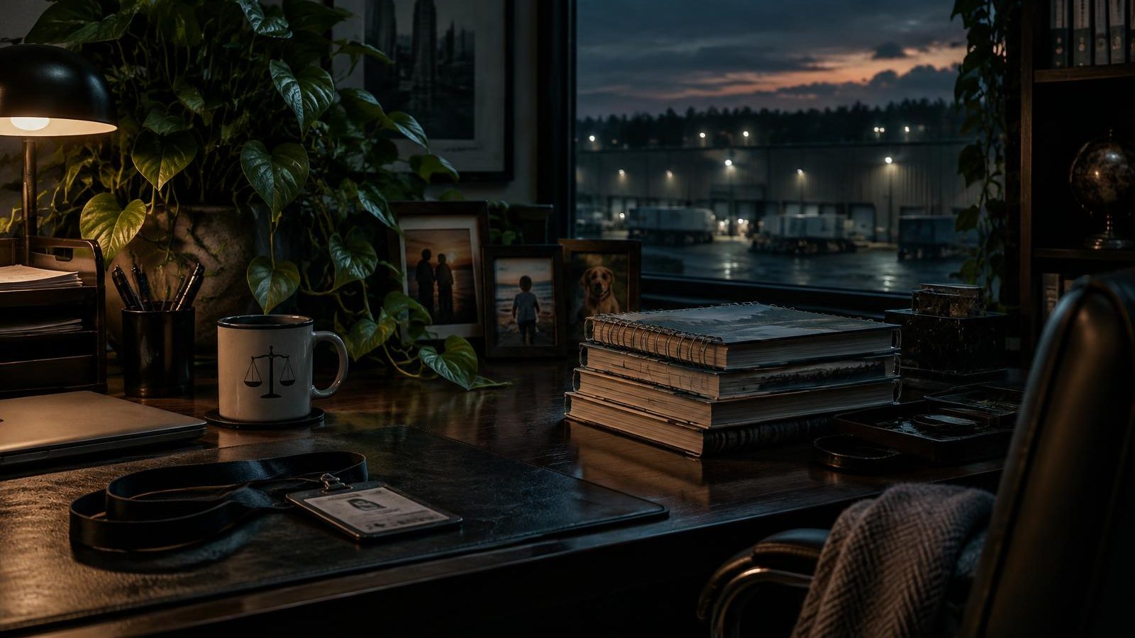 A long-occupied client office desk with a visitor lanyard, law-firm mug, family photos and an overgrown plant, overlooking a warehouse at dusk.