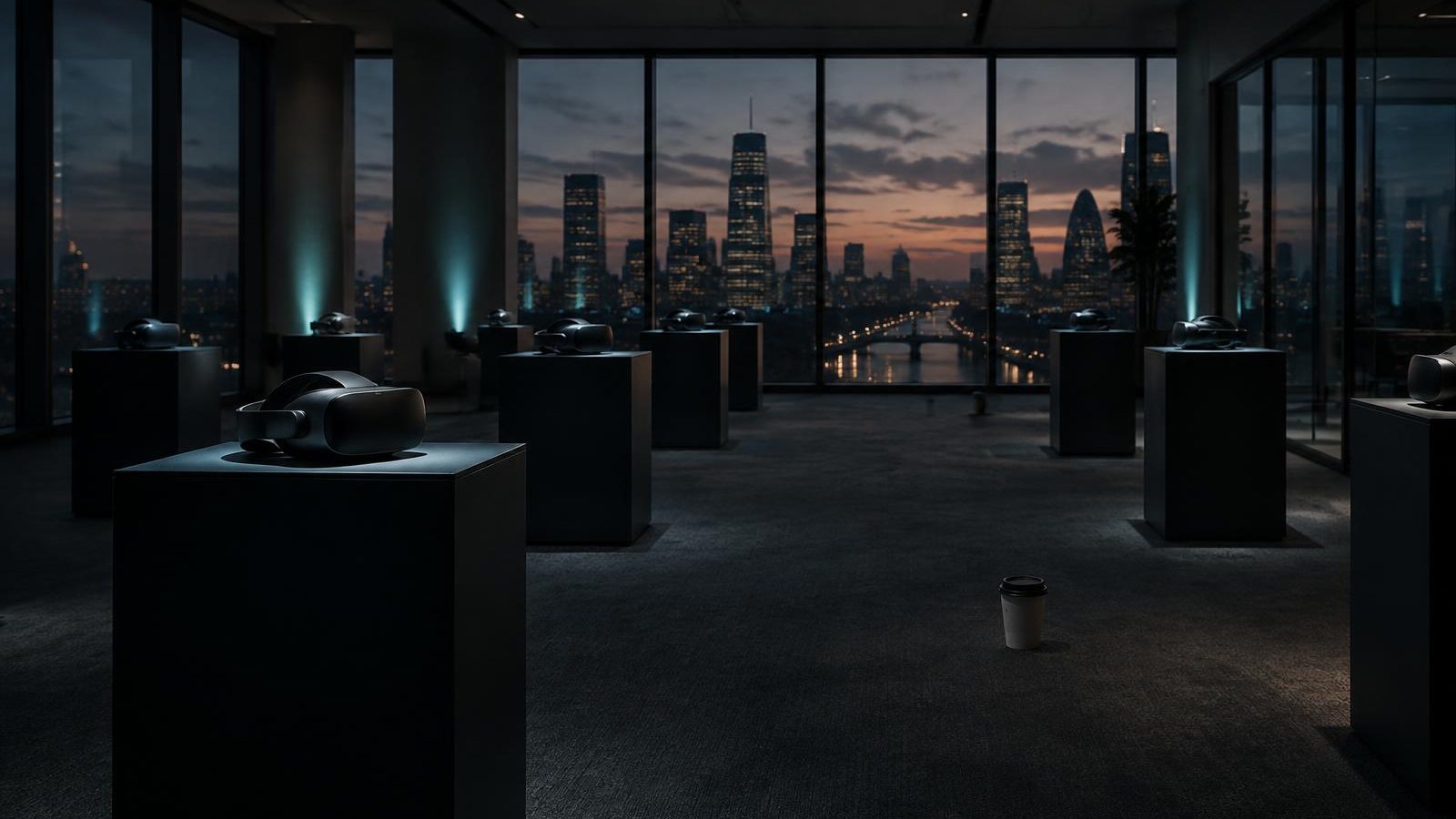 An office floor with every desk removed, VR headsets on pedestals and a lone coffee cup on the carpet against a city skyline.
