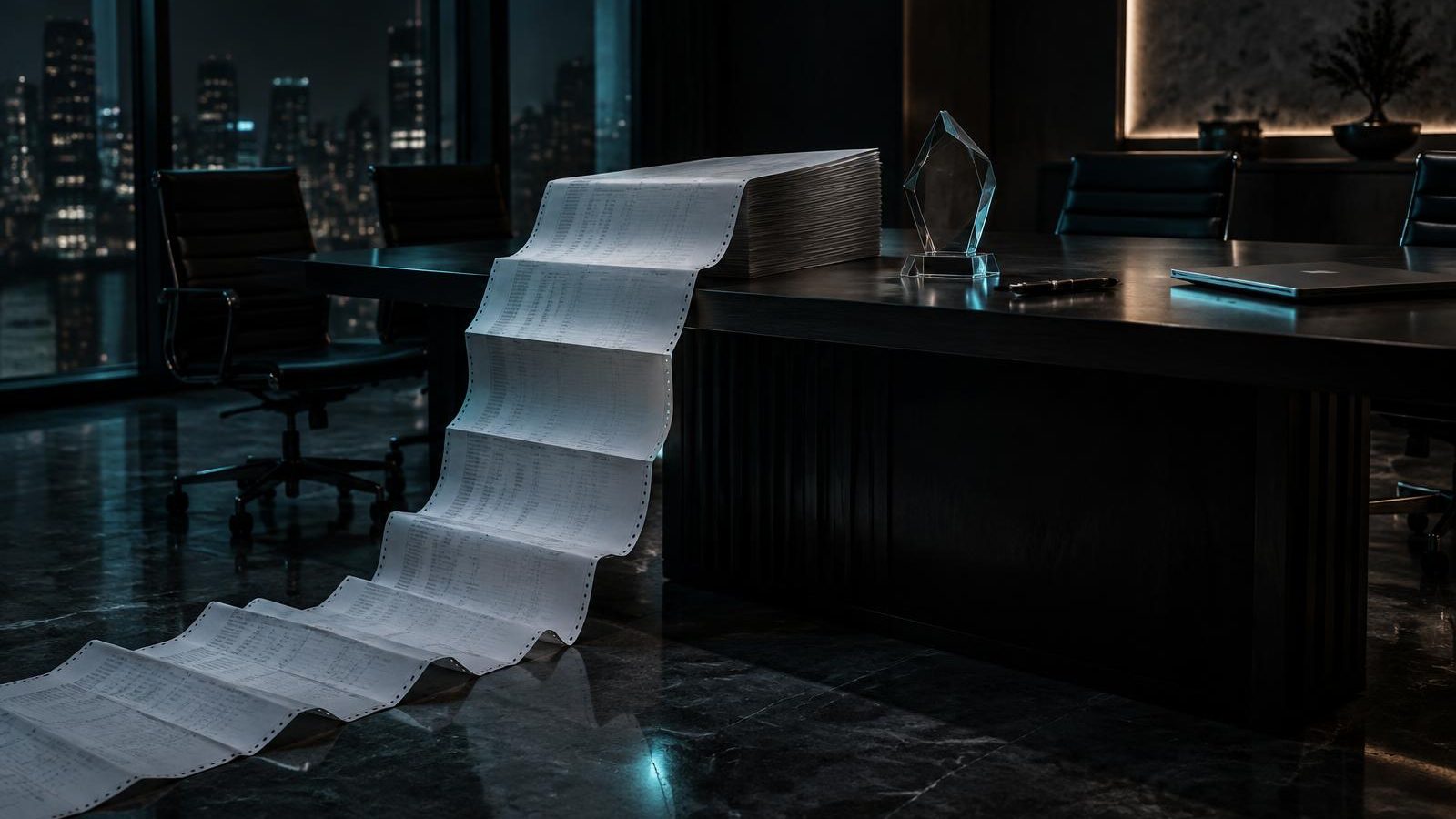 An enormous fanfold printout spills from a boardroom table to the floor beside a glass award and closed laptop.
