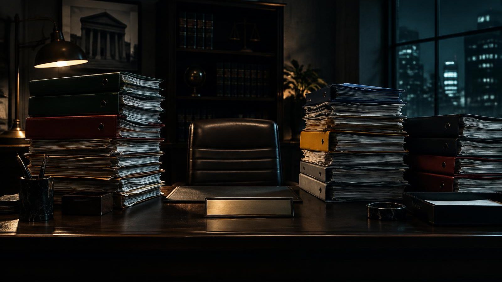 Five towering stacks of binders surround a single desk with a blank name plate.