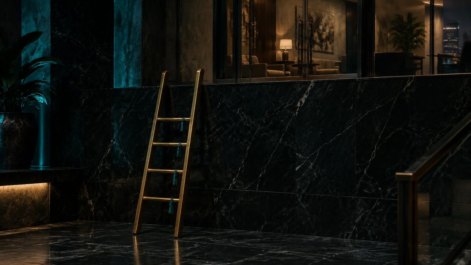 A brass ladder with teal tags on its few rungs stops short of a closed, softly lit partner lounge.