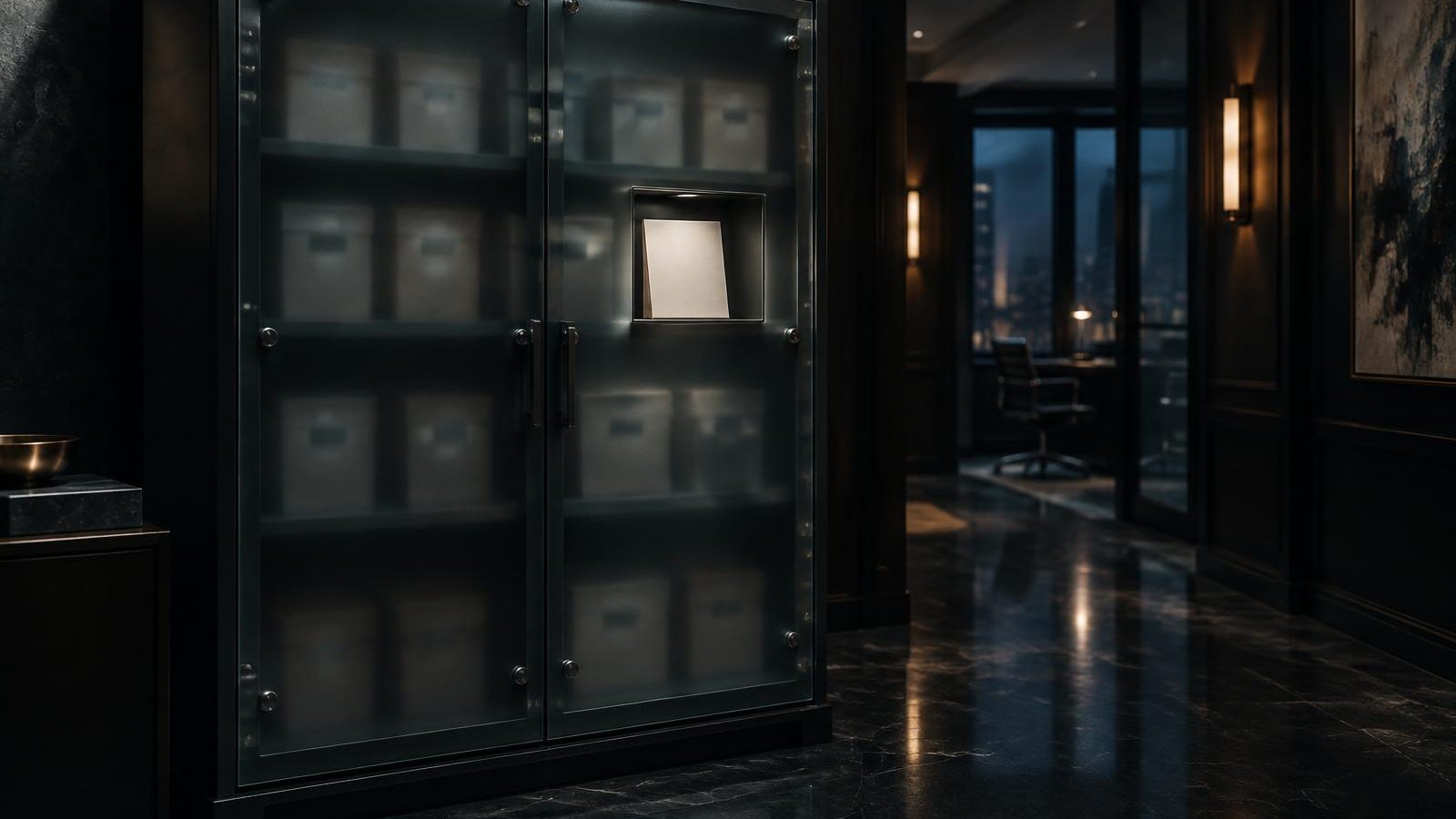 A frosted glass cabinet of document boxes with one small clear window revealing a single blank sheet.