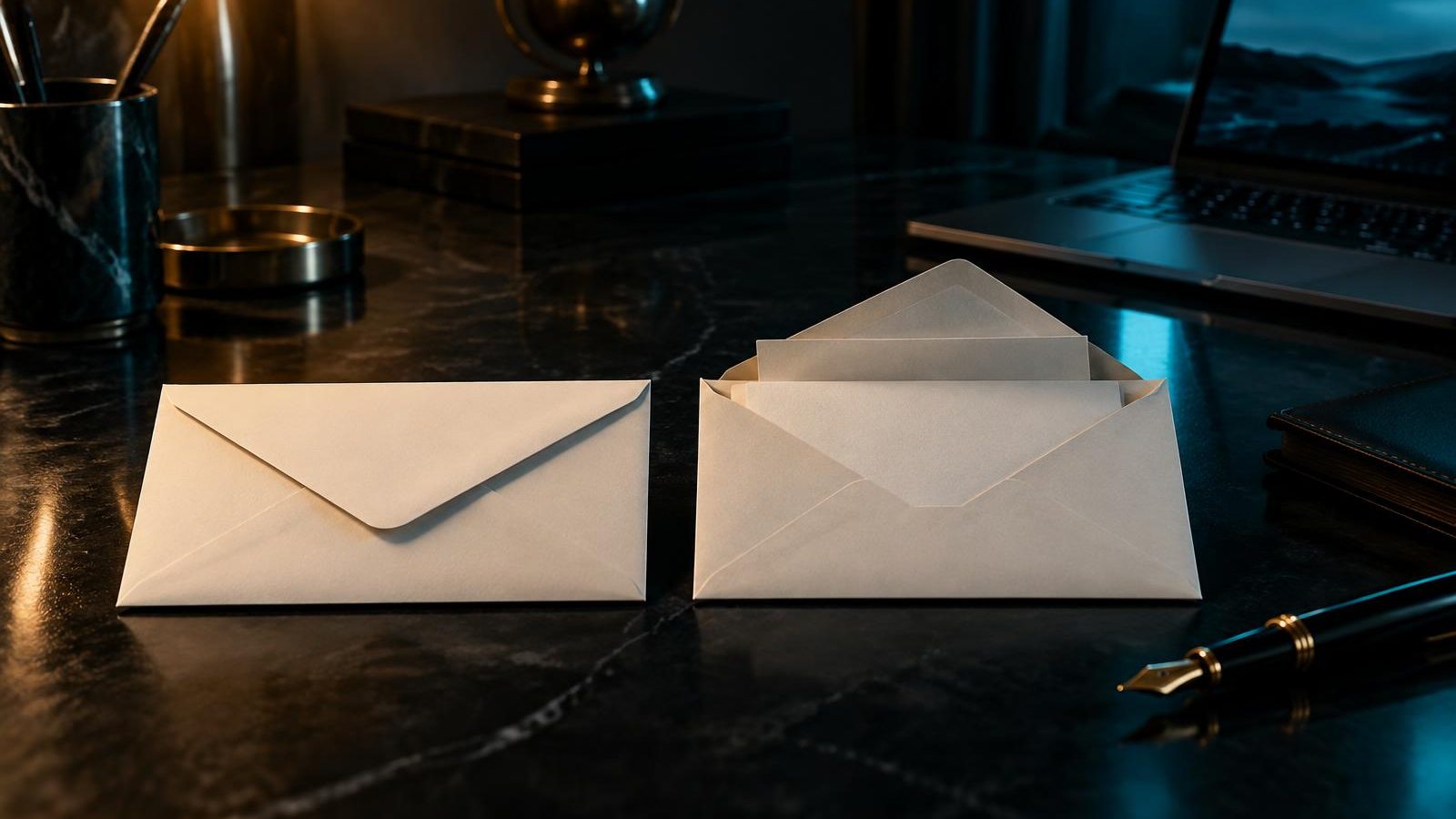 Two matching cream envelopes on a dark desk, one open to reveal a second sheet behind the first.