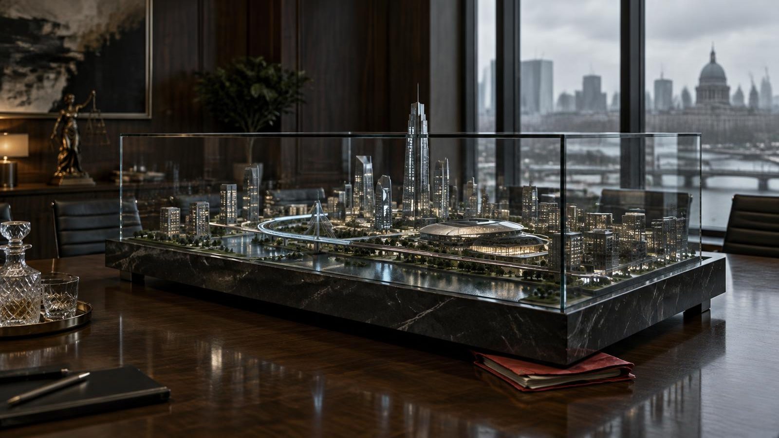 A glass-cased scale model of a gleaming futuristic city on a law firm boardroom table, with a red folder wedged under the plinth to stop it wobbling