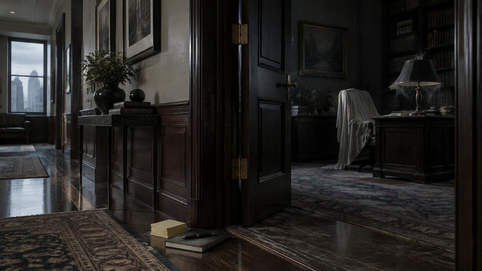 A partner's office door propped open onto a dusty, unused room with a sheet over the chair, while a new associate's notebook and sticky notes wait on the corridor floor