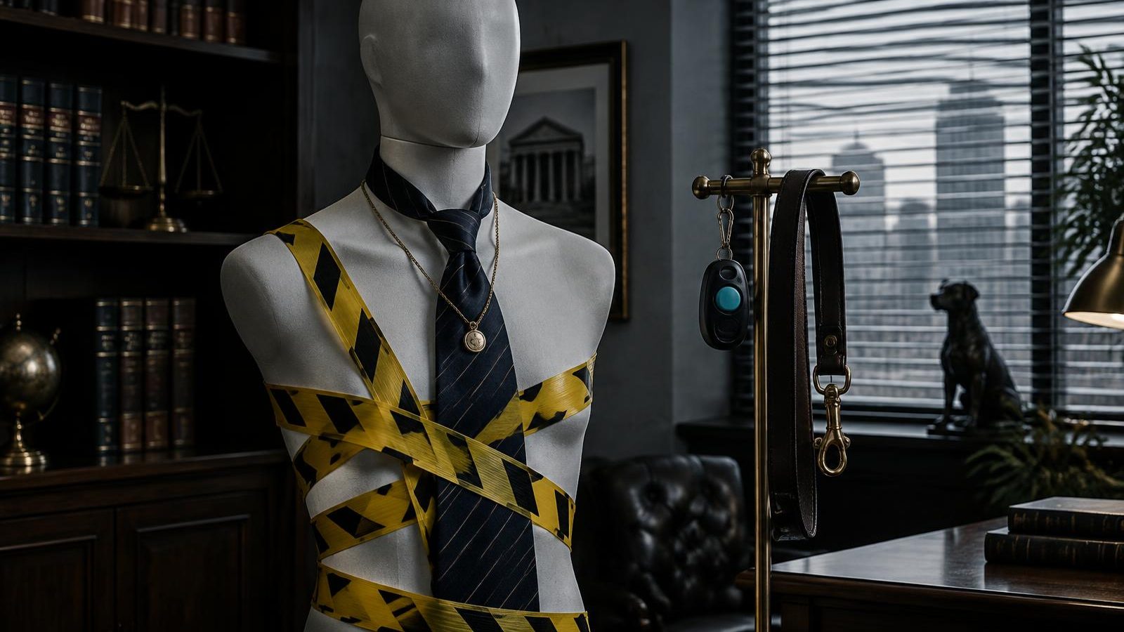 A faceless mannequin bust in a pinstripe tie wrapped in caution tape, beside a stand holding a training clicker and a leash