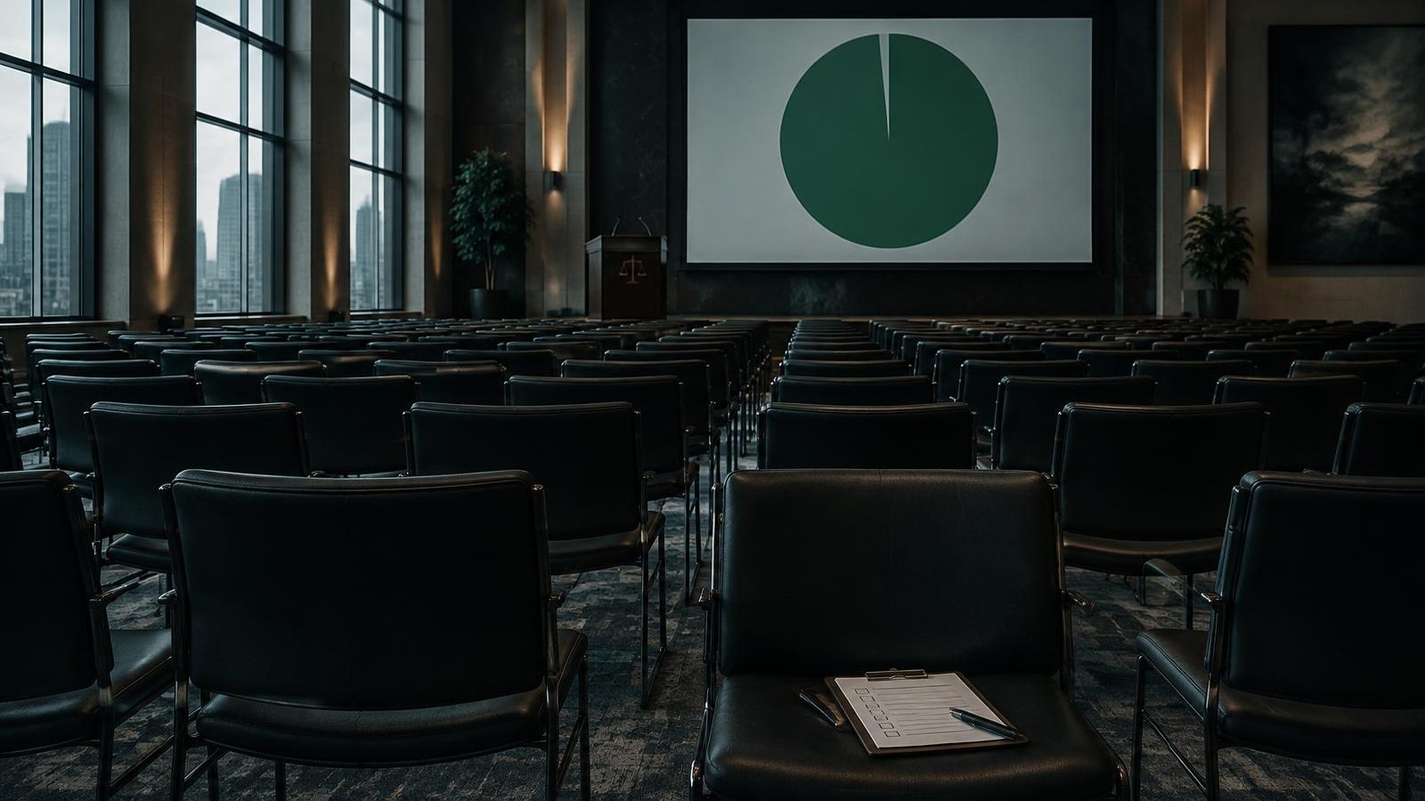 Rows of empty auditorium chairs facing a screen with an almost entirely green pie chart, one survey clipboard left on a front-row seat