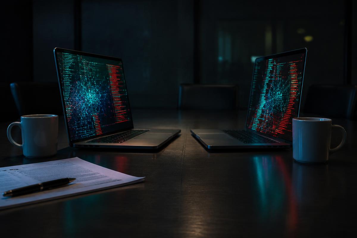 Two laptops facing each other across a dark table, screens swarming with code