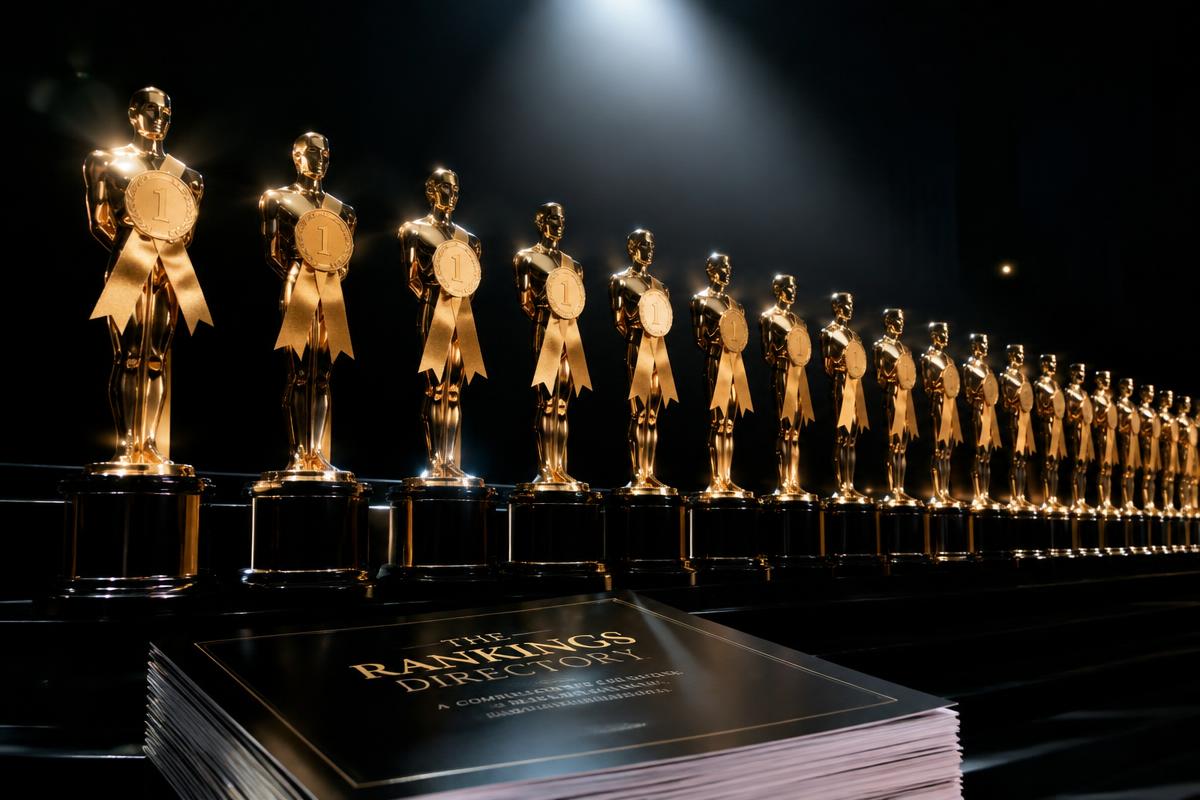 A long row of identical gold statuettes, each wearing a first-place ribbon