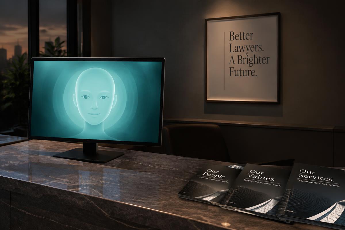 A reception monitor showing a smiling AI avatar beside firm values brochures