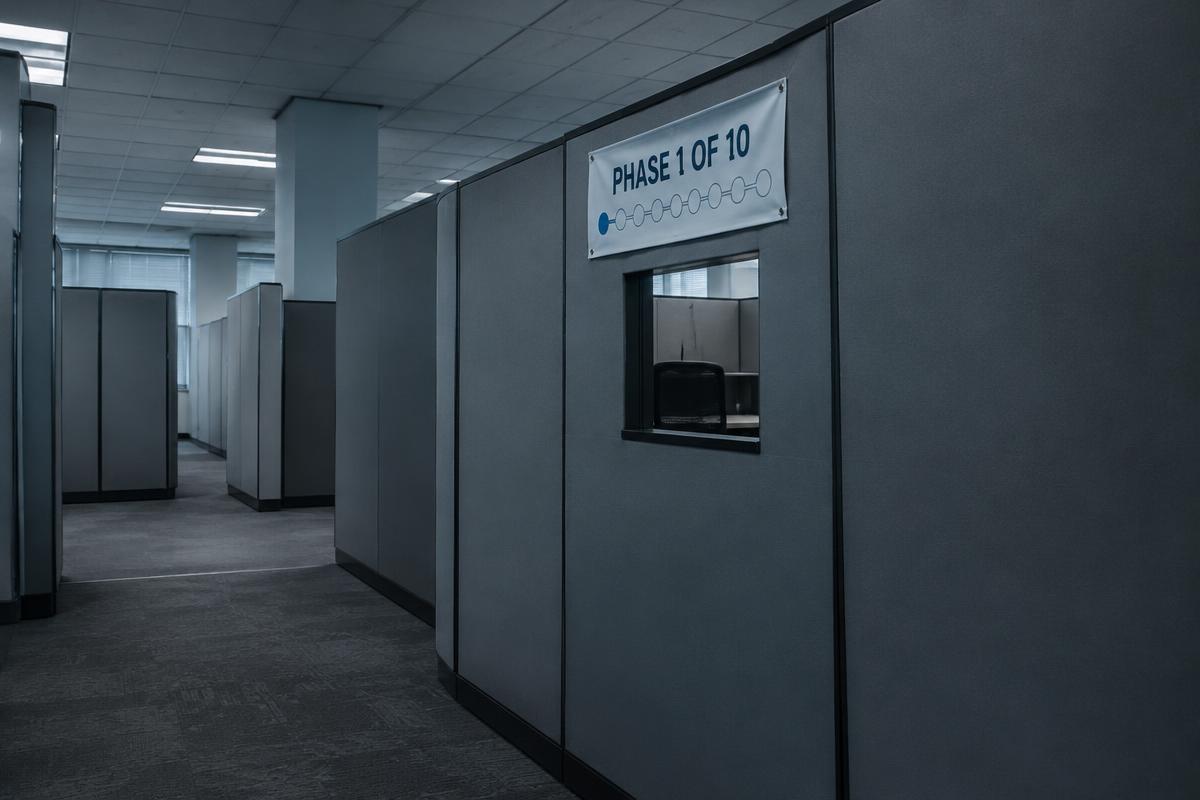 Tall grey office partitions with a banner reading 'Phase 1 of 10'