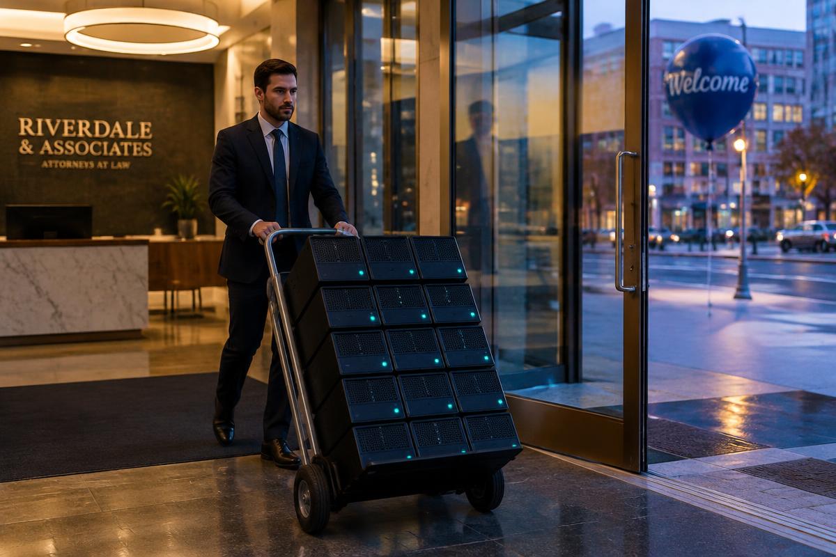 A man wheels twelve glowing server units out of a law-firm lobby