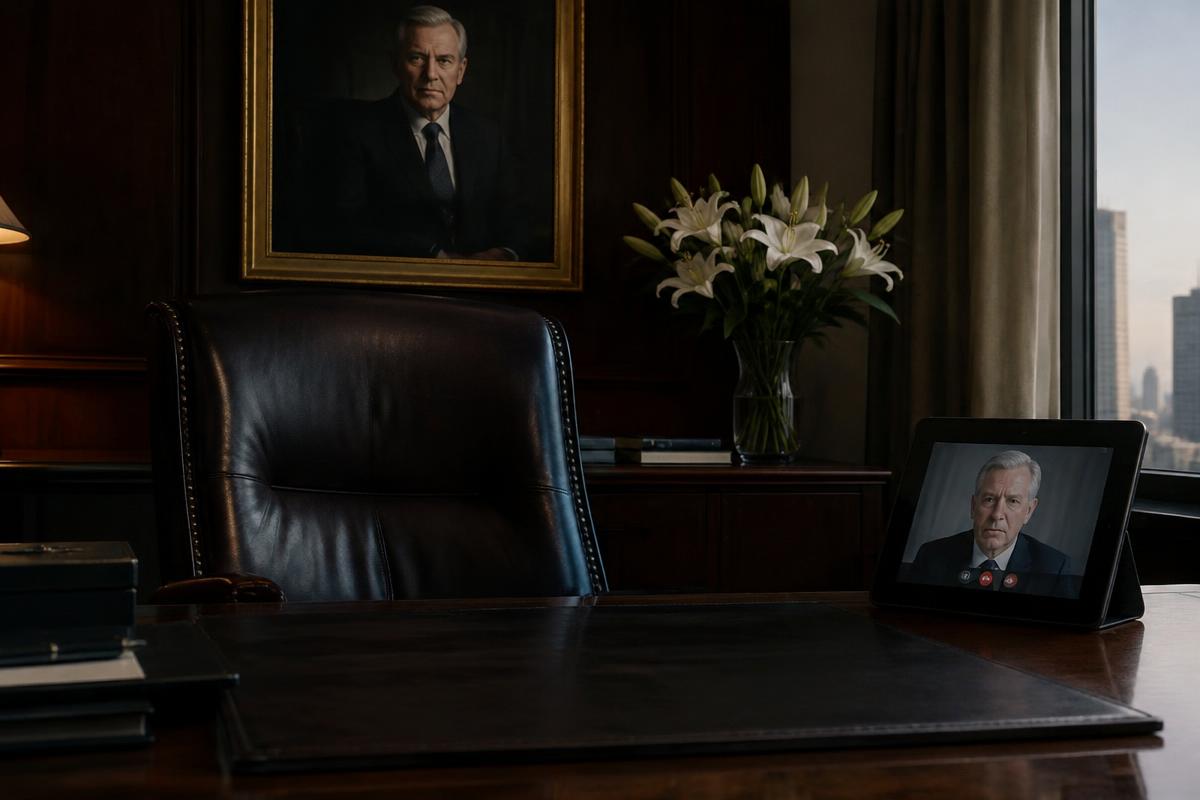 An empty partner's chair, a tablet showing a senior partner's face and his portrait on the wall