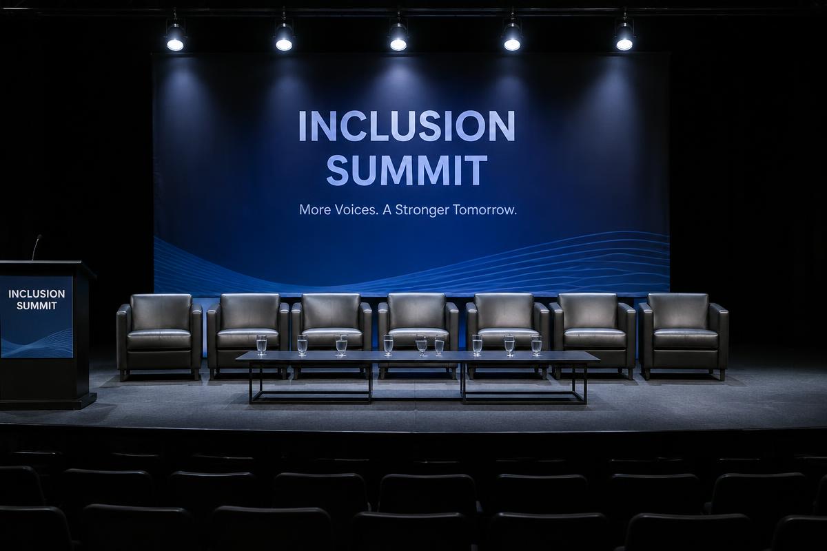 Seven identical armchairs on a stage beneath an 'Inclusion Summit' banner
