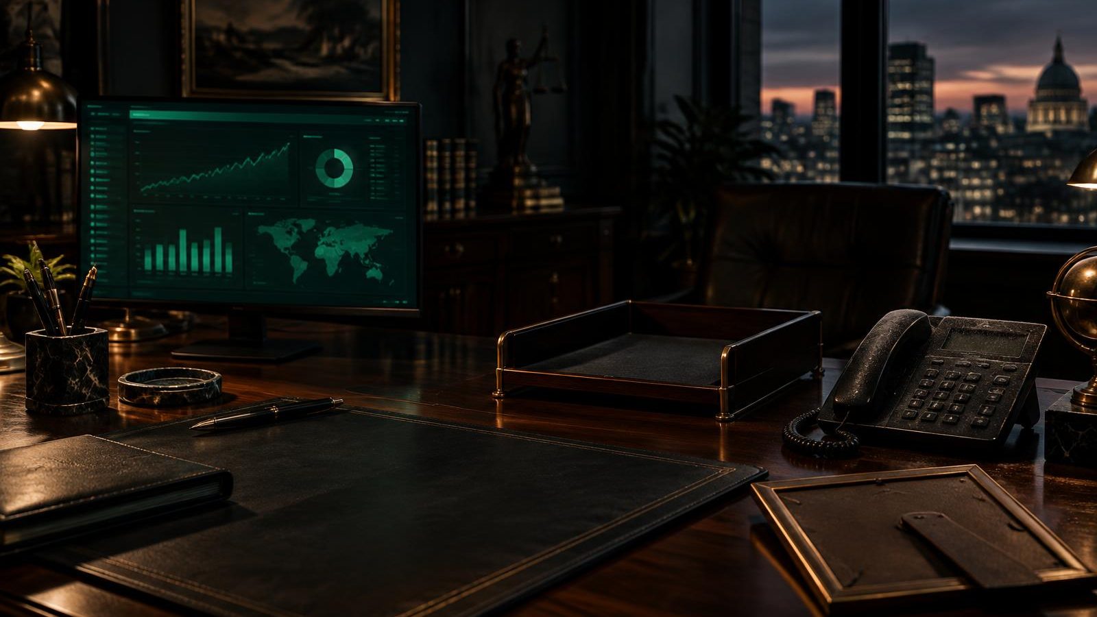 A partner's desk at dusk with an all-green client dashboard beside an empty in-tray and a dusty phone