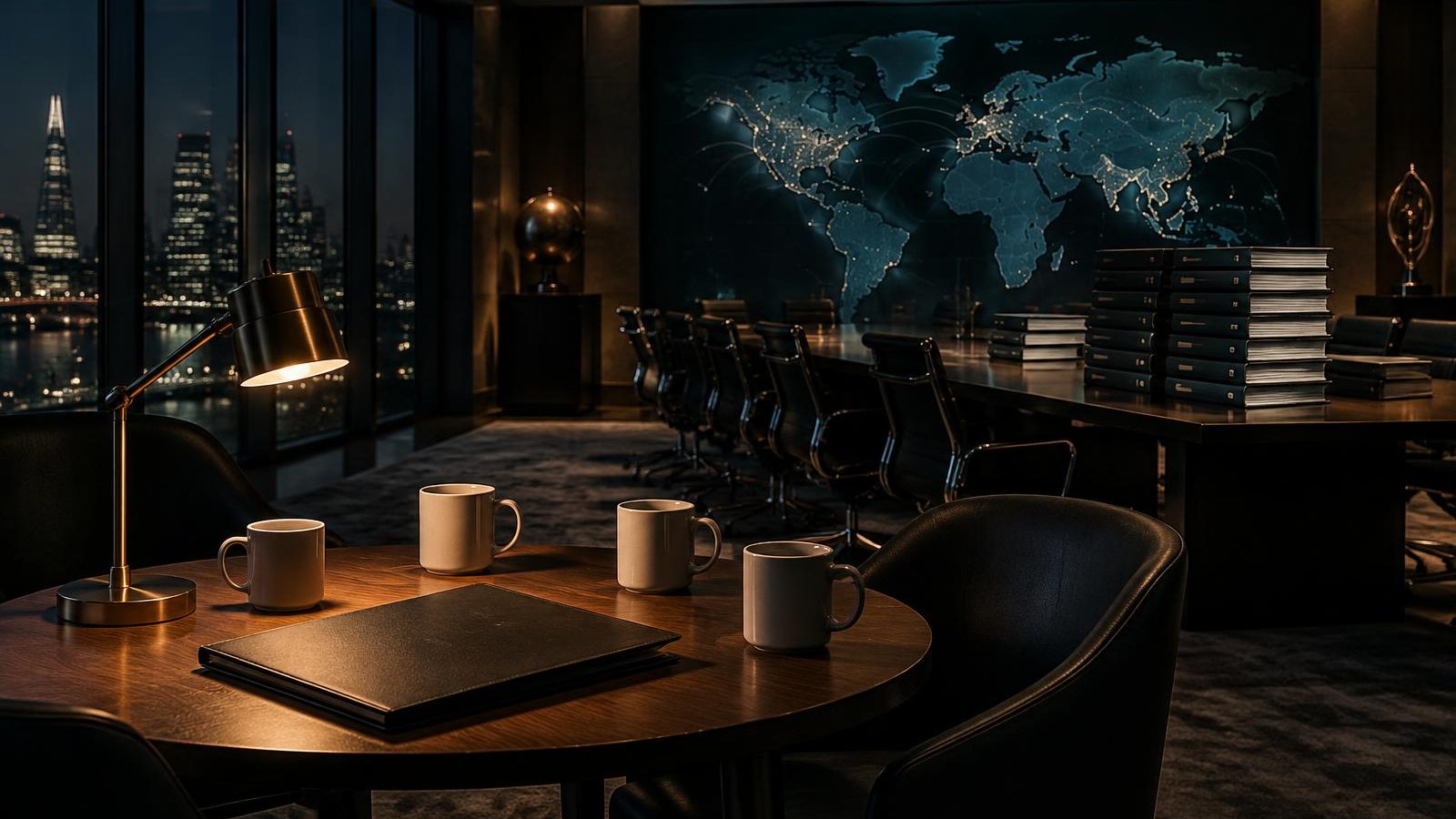 Four coffee mugs and a slim folder on a small table in front of a vast global pitch room