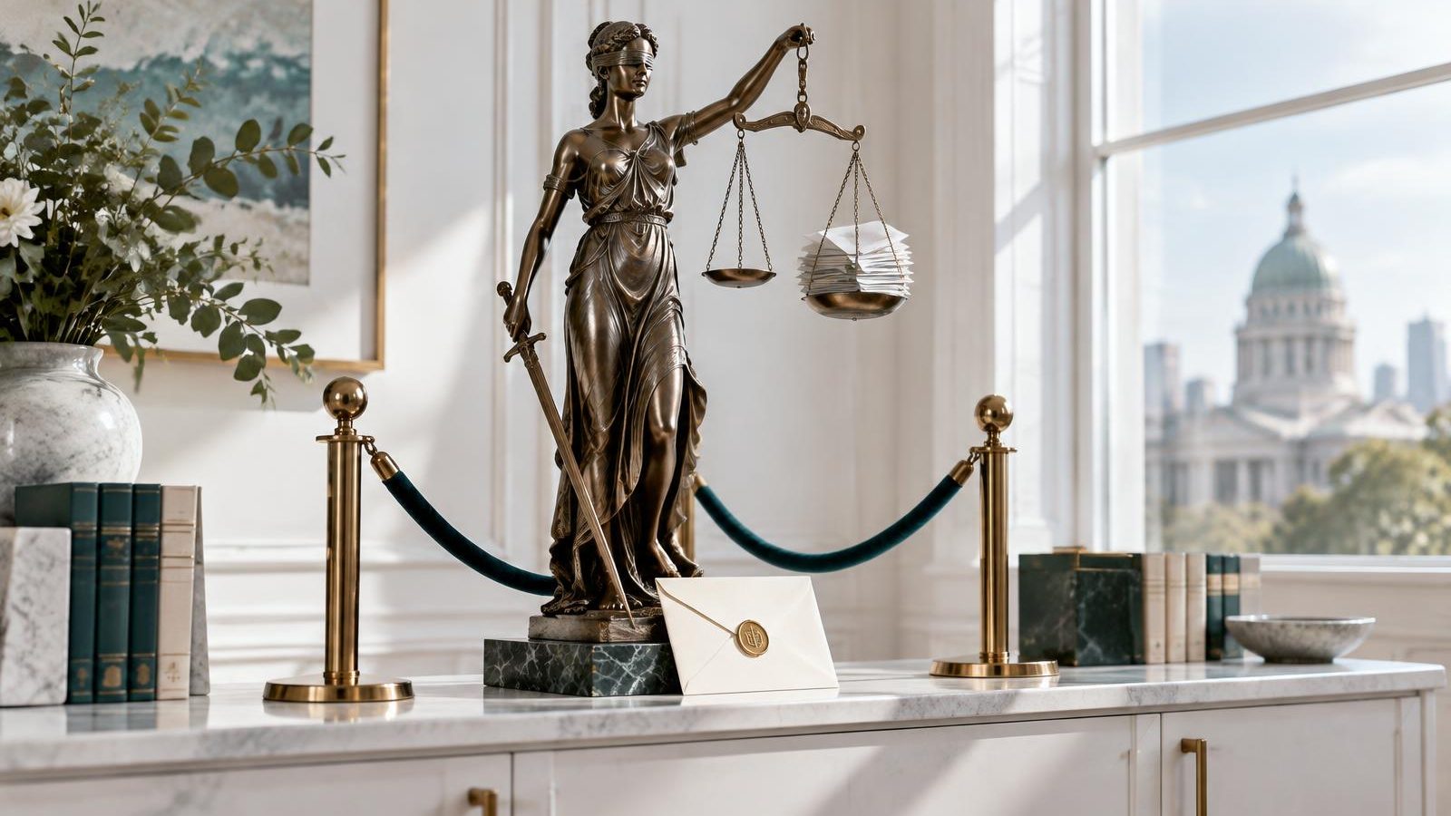 A bronze Lady Justice behind a velvet rope, her scales weighed down by invoices