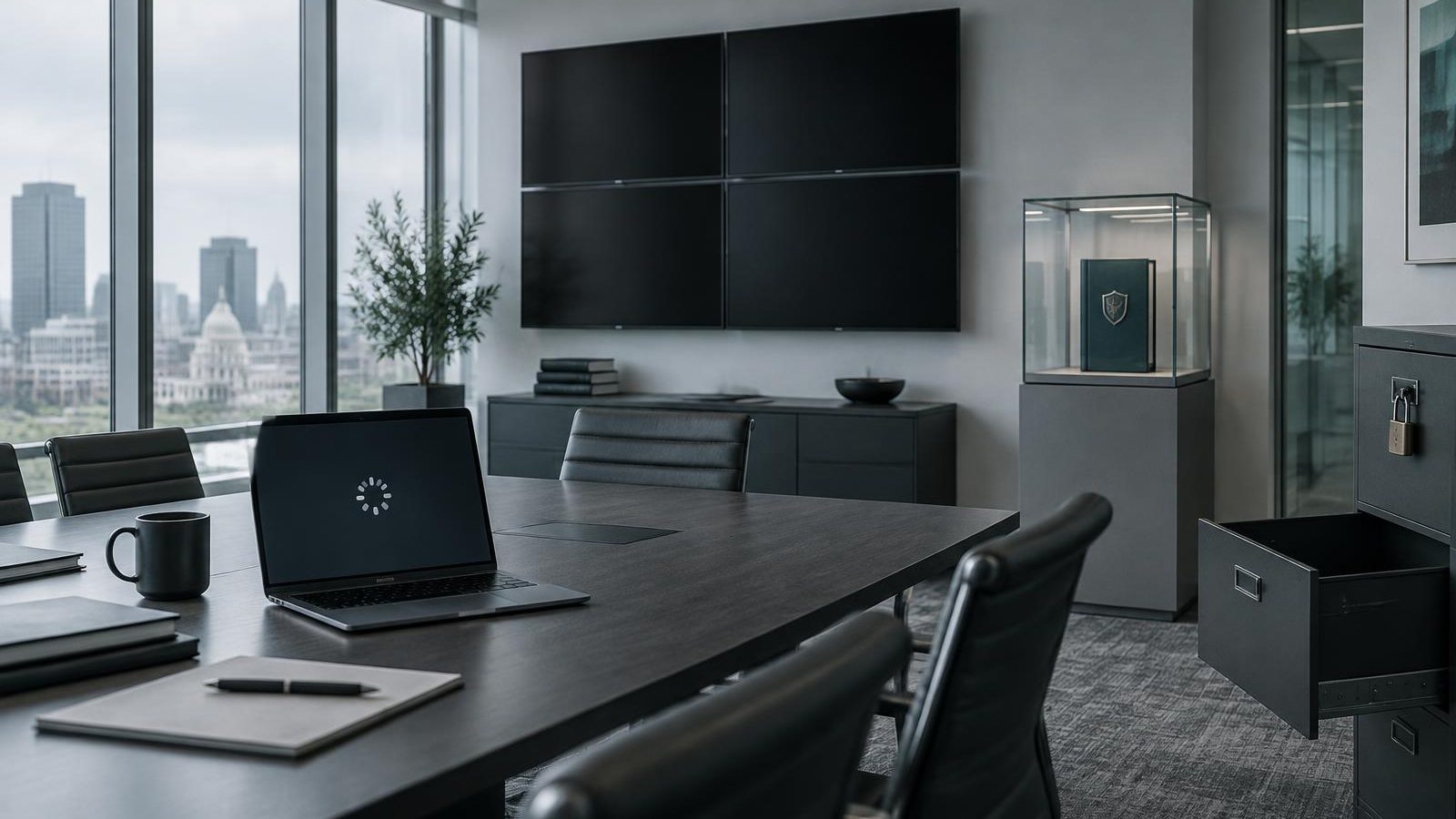 An empty crisis room with blank screens, a loading laptop and an emergency binder sealed in a glass case