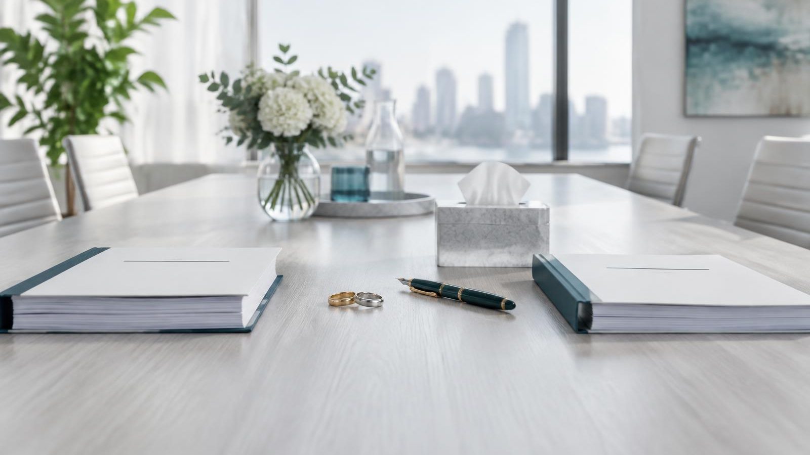 Two bound documents at opposite ends of a boardroom table with two rings and a pen between them