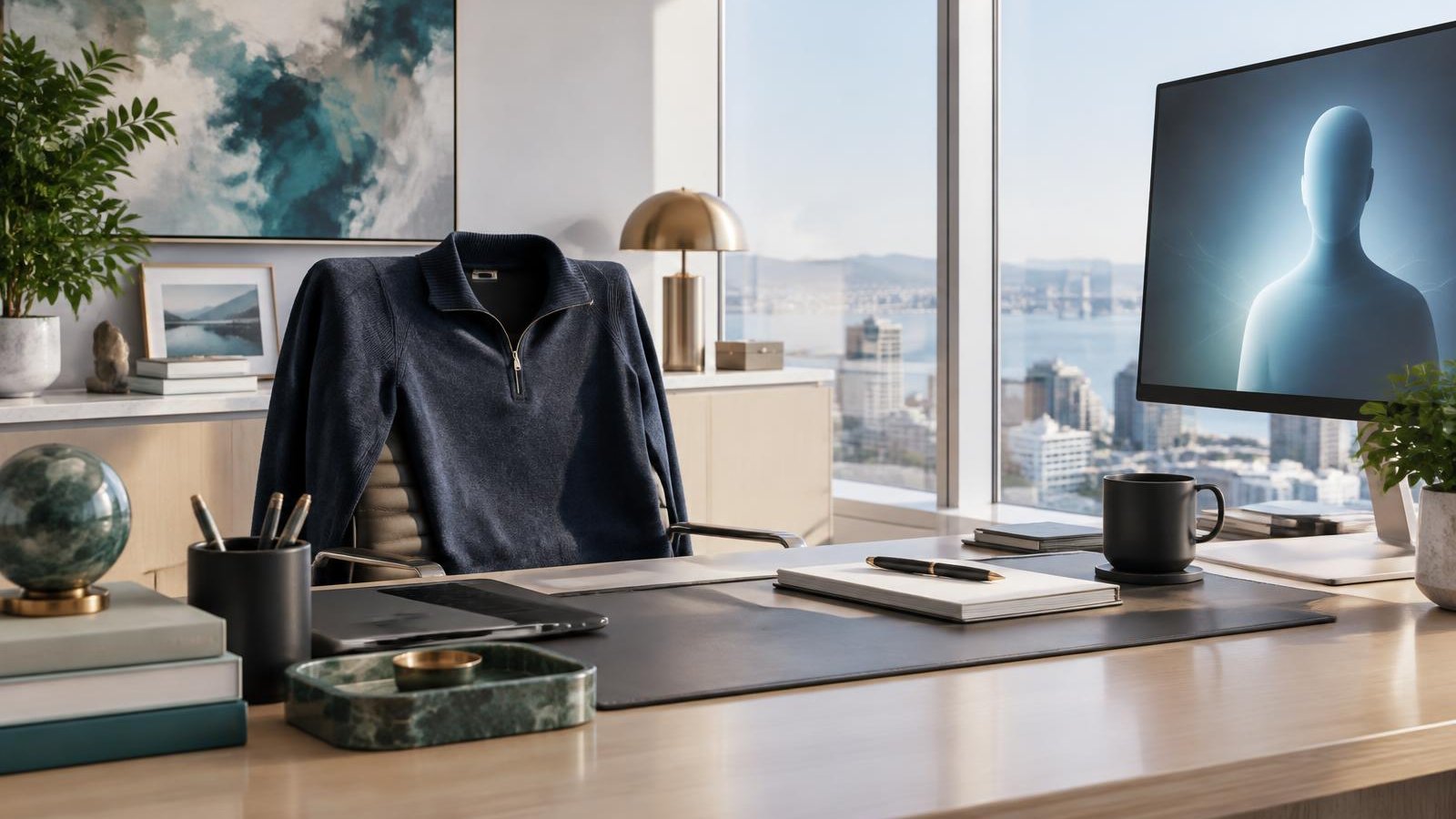A navy quarter-zip draped over an empty office chair facing a monitor showing a faceless glowing figure, in a bright managing partner's office