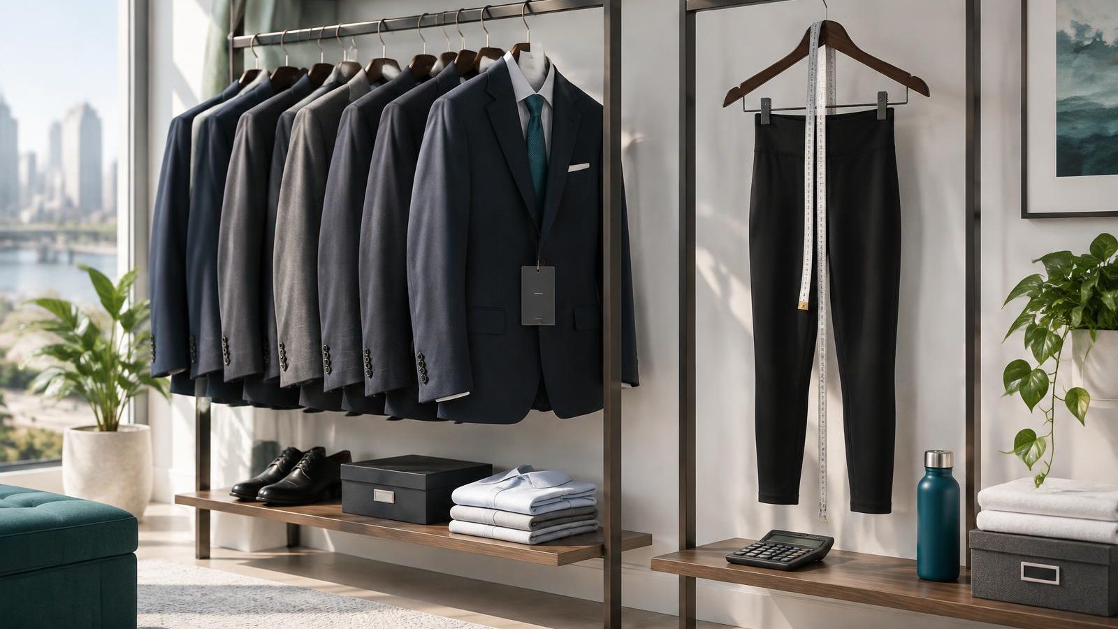 A rail of men's performance-fabric suits beside a single pair of leggings with a tape measure and calculator