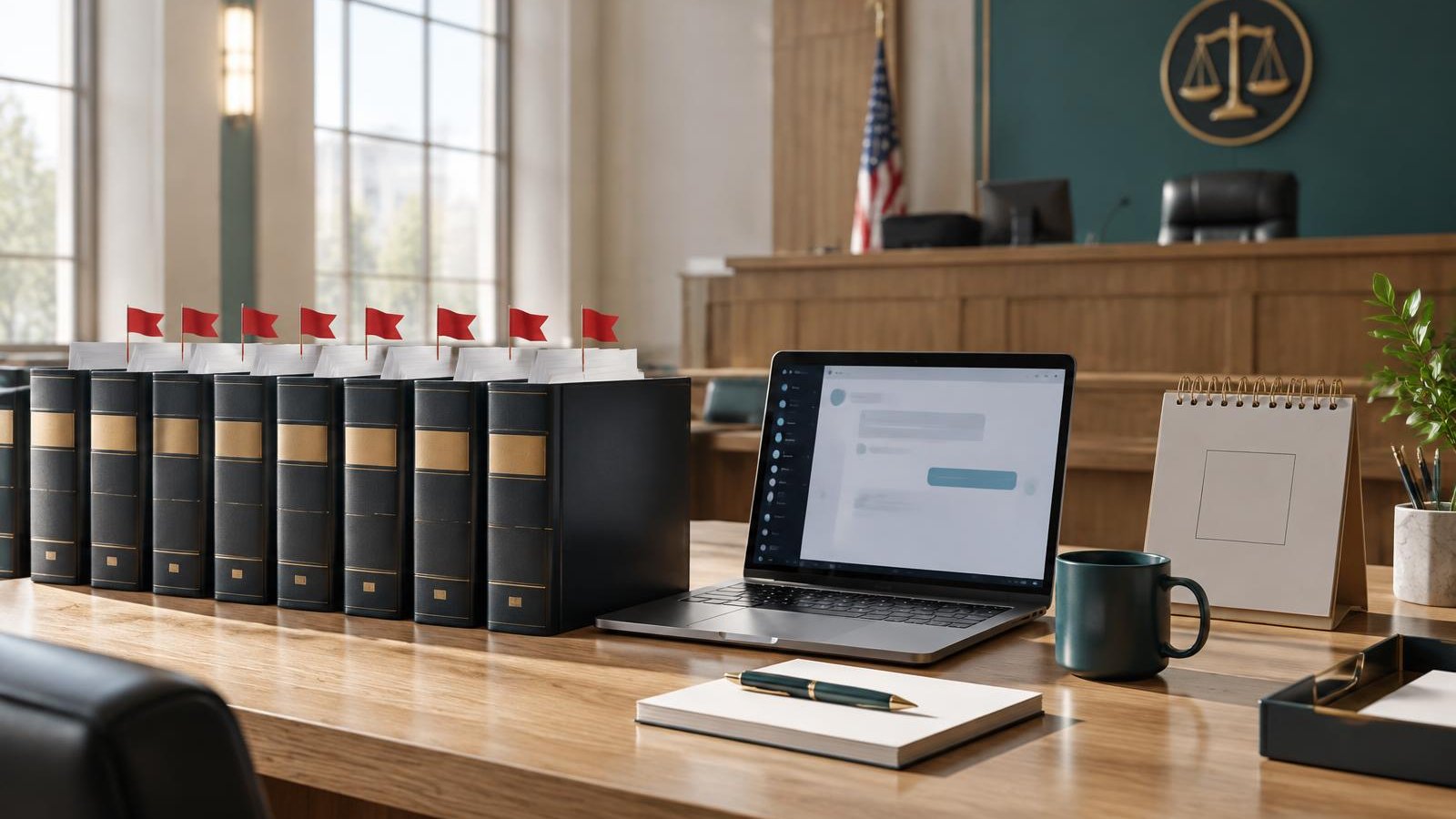A row of bound legal briefs, each marked with a red flag, beside a laptop showing a chat window on a sunlit courtroom counsel table