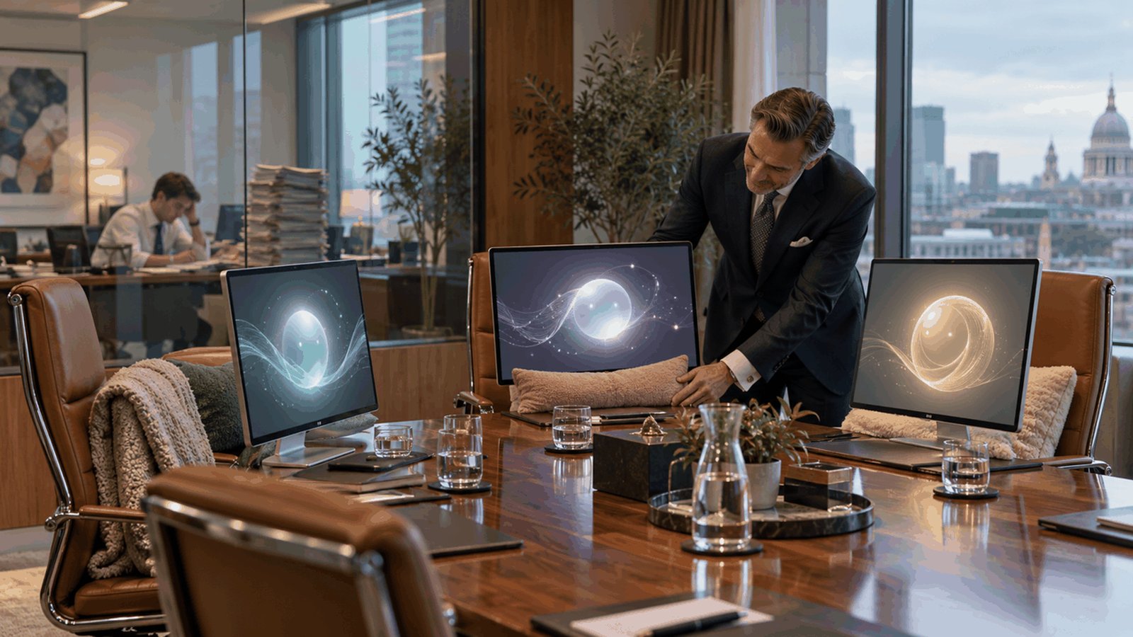A partner gently arranges cushions and blankets around glowing AI screens at a boardroom table while an exhausted associate slumps at a desk behind the glass