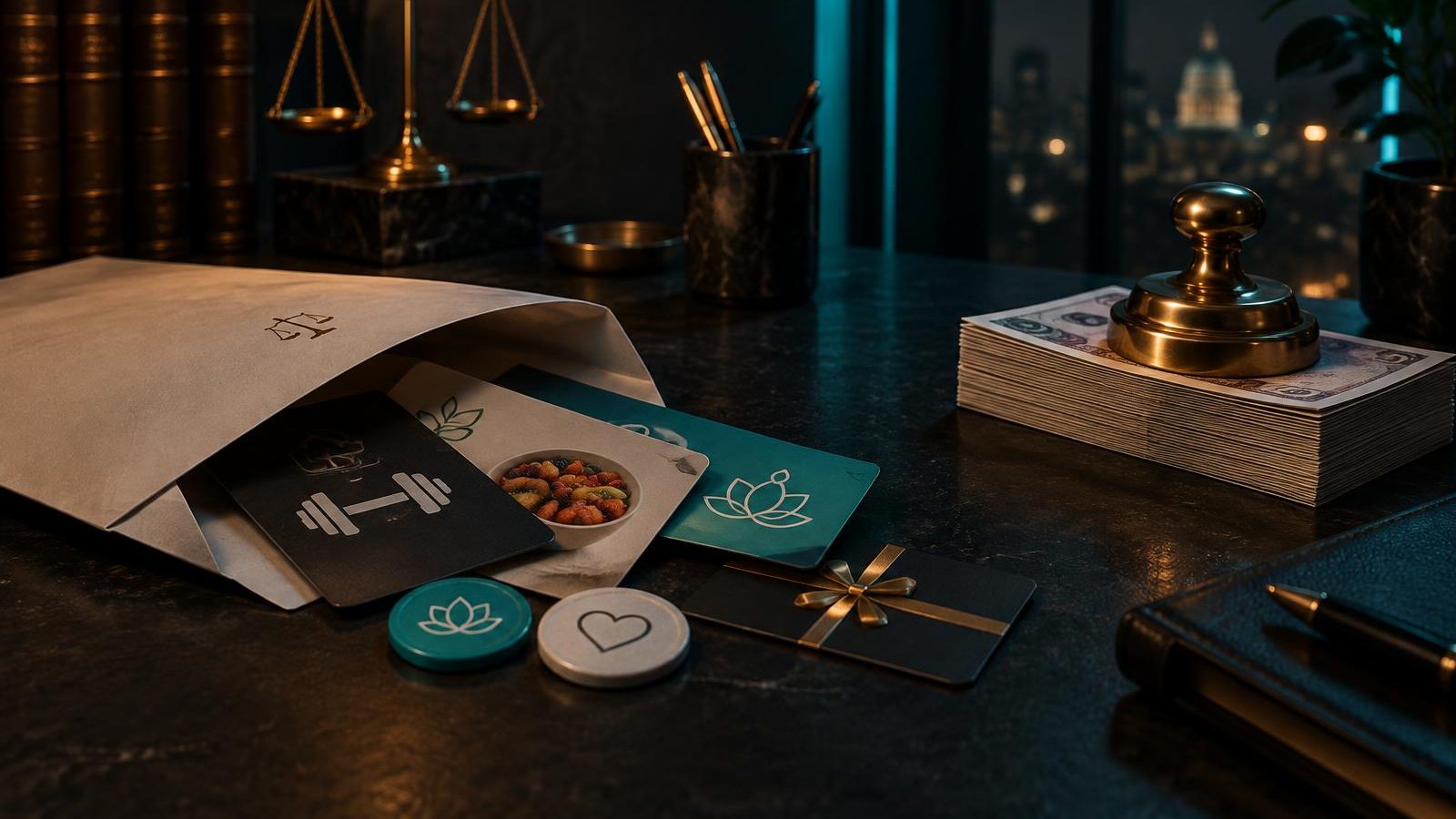 A pay envelope spilling vouchers and wellness tokens, with banknotes kept separately under a paperweight