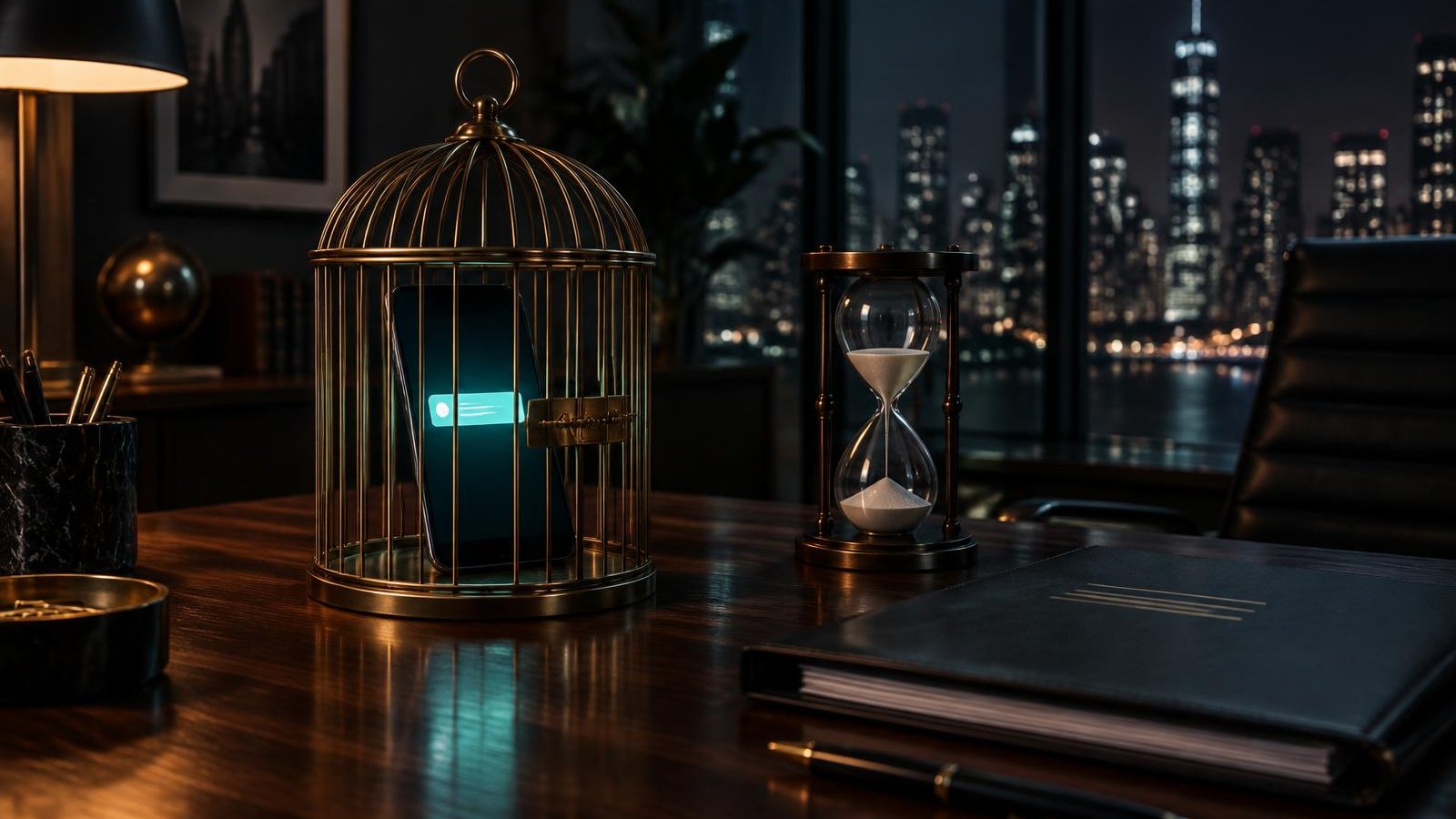 A glowing smartphone shut inside a brass birdcage on a partner's desk at night, beside an hourglass and a fee folder