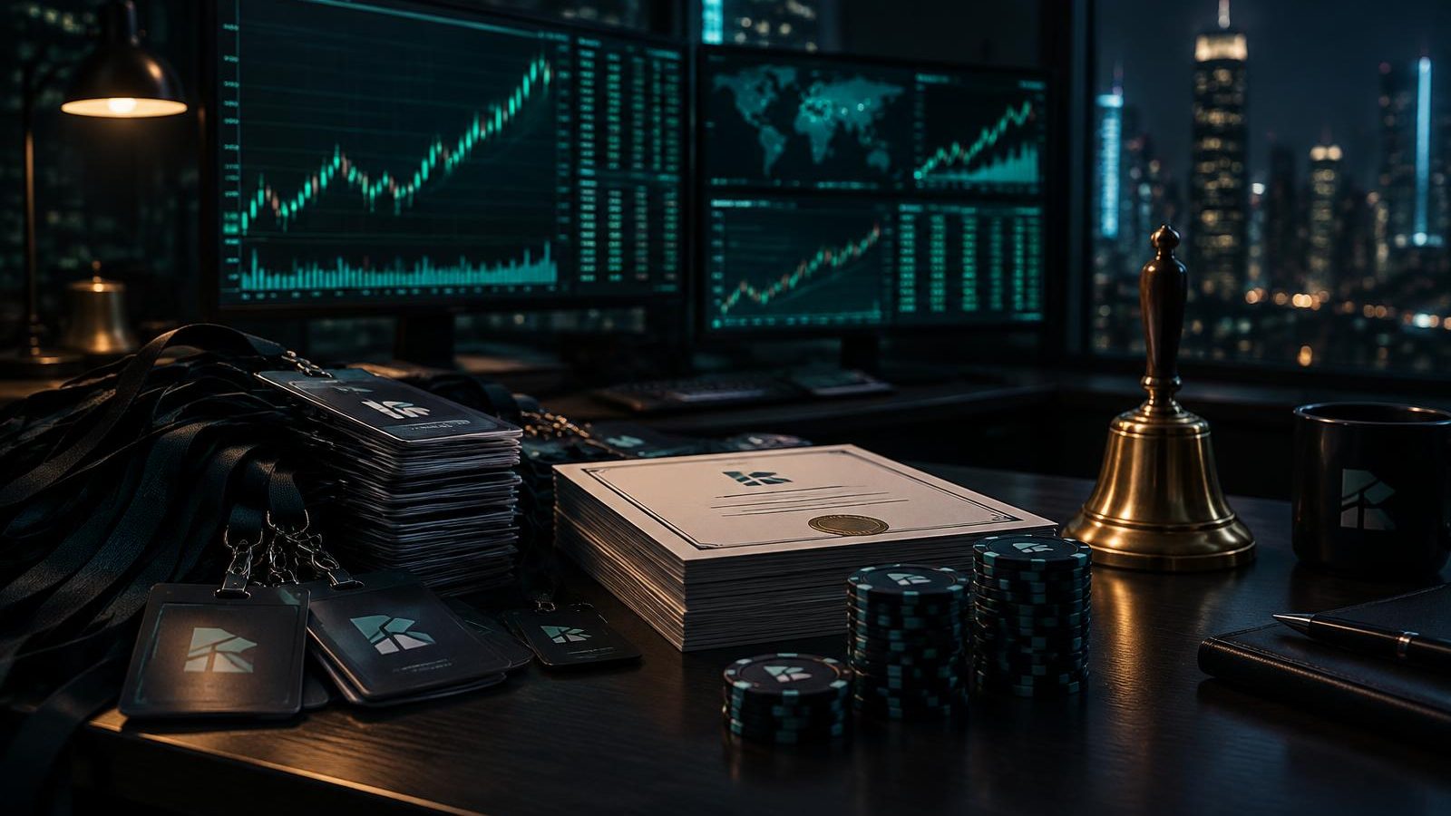 A trading desk with charts on screens and stacks of webinar lanyards and certificates traded like chips