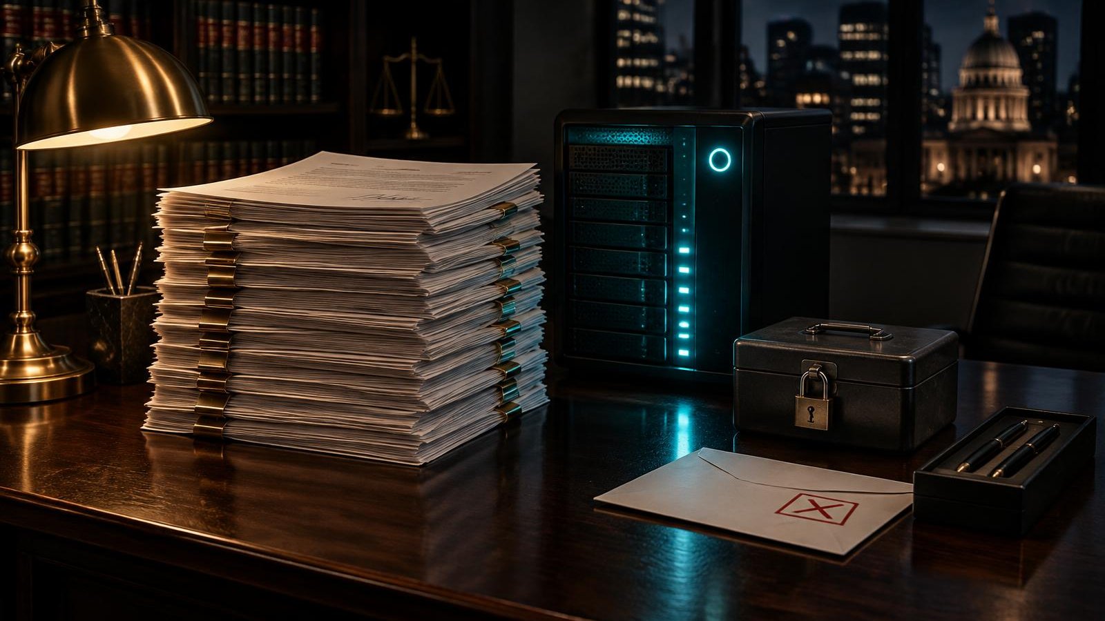 A tall stack of signed settlement agreements beside a glowing server on a dark law-firm desk, next to a padlocked petty-cash tin and a rejected expense envelope