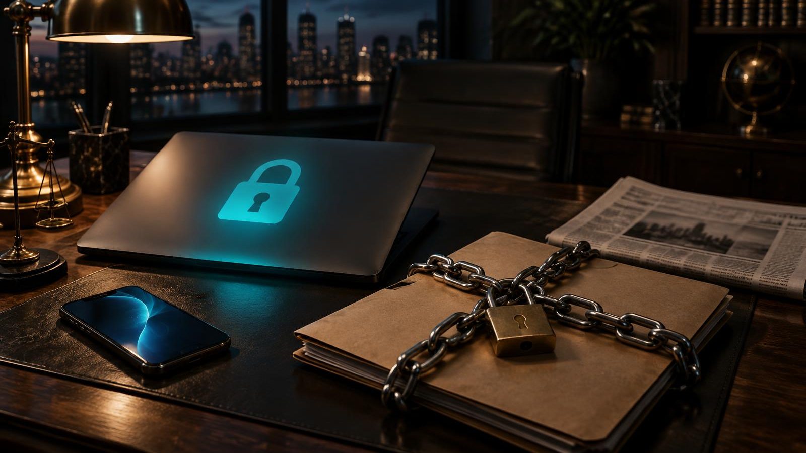 A laptop locked with a glowing padlock beside a chained deal folder and the morning newspaper